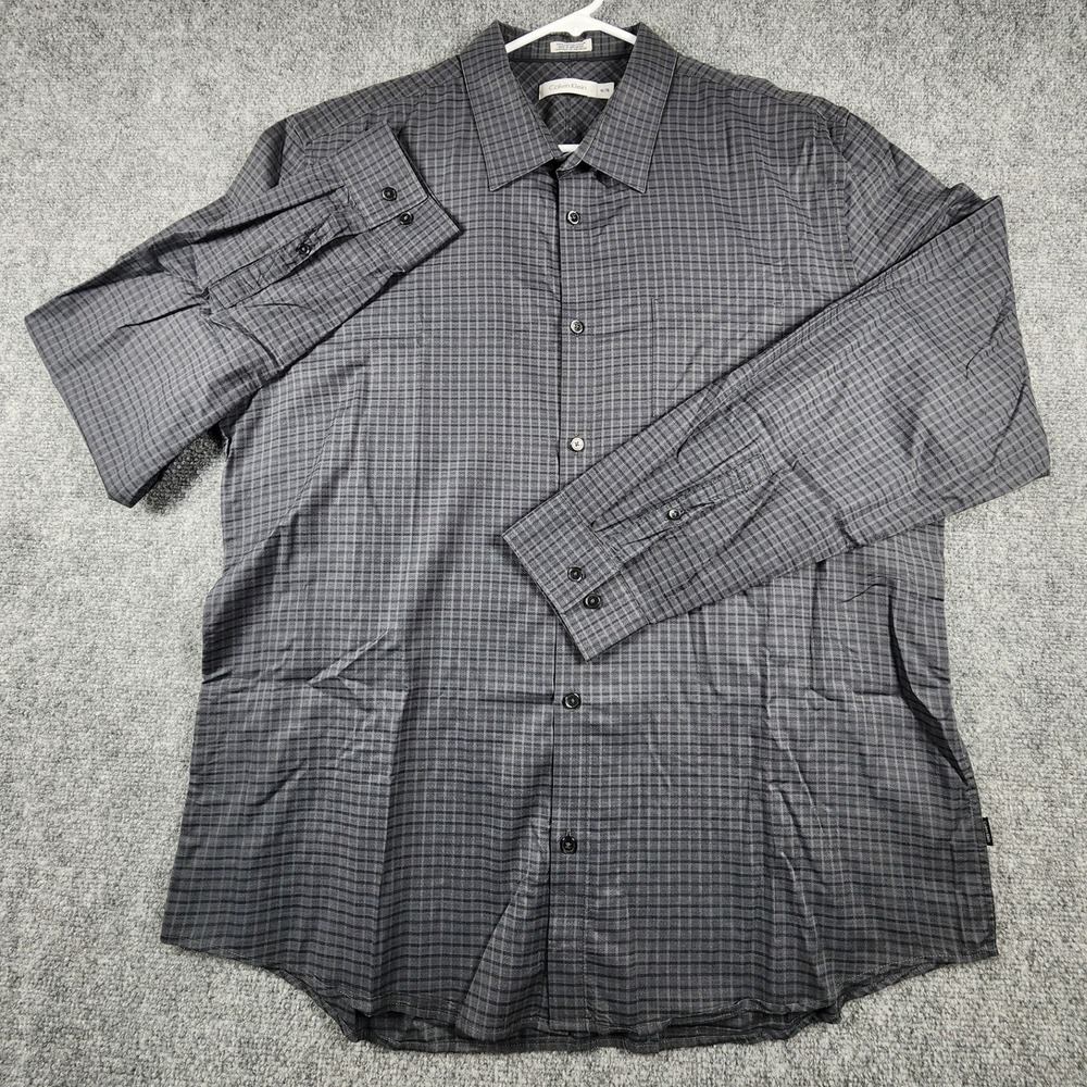 Calvin Klein Mens XL Grey‎ Black Check Cotton Long Sleeve Button Down Shirt